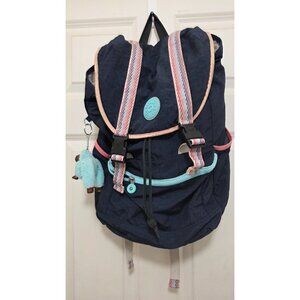 Kipling Navy Blue Backpack With Pink & Aqua Straps Front Pocket Keychain Accesso